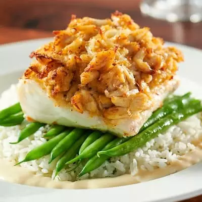Found at Burtons Bar & Grill, Haddock piled atop green beans and rice.