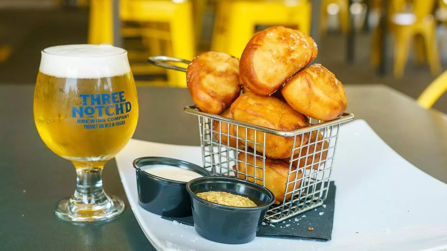 House-made pretzel bites seasoned with sea salt & served with 40 Mile Beer Cheese & Hydraulion whole grain mustard dipping sauces.