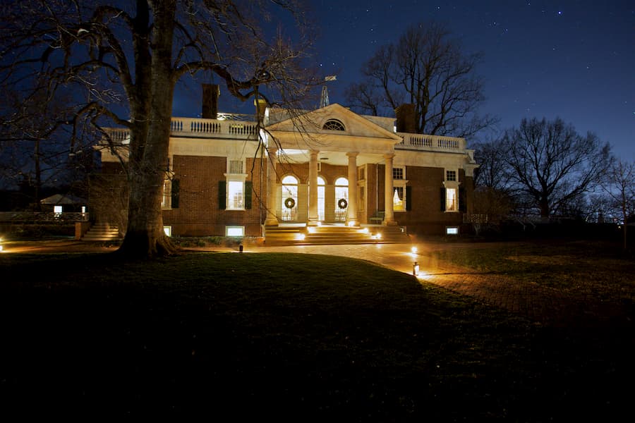 Monticello illuminated at night